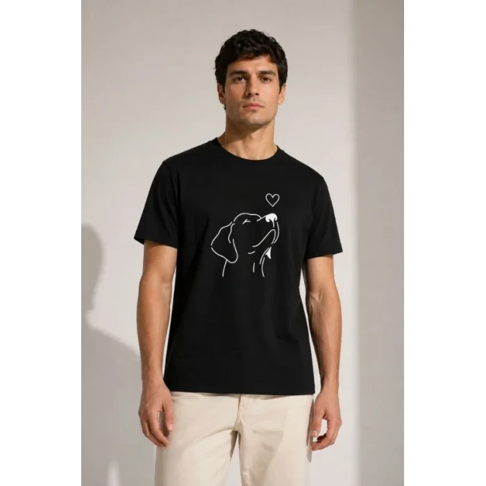 Erkek Köpek Figürlü Minimal Baskılı Tişört Kısa Kol Yazlık T-shirt - Siyah