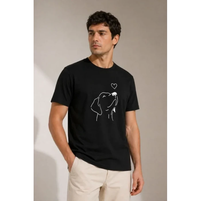 Erkek Köpek Figürlü Minimal Baskılı Tişört Kısa Kol Yazlık T-shirt - Siyah