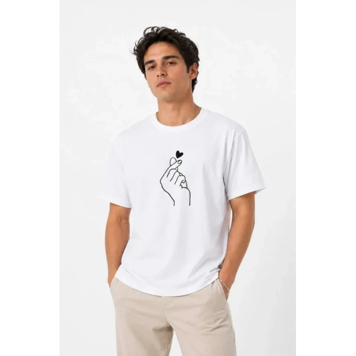 Erkek Kore Parmak Kalp Aşk Temalı Minimal Baskılı Tişört Yazlık Kısa Kol T-shirt - Beyaz