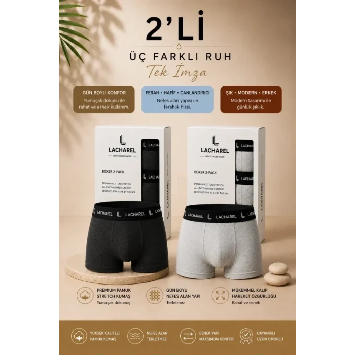 Erkek Likralı Pamuklu Nefes Alan Penye Boxer 2li Paket - Füme - Gri