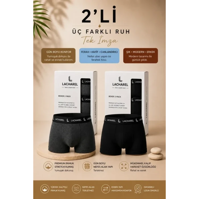 Erkek Likralı Pamuklu Nefes Alan Penye Boxer 2li Paket - Füme - Siyah