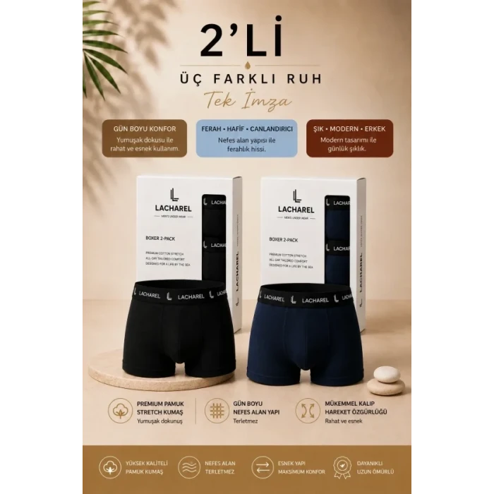 Erkek Likralı Pamuklu Nefes Alan Penye Boxer 2li Paket - Siyah - Lacivert