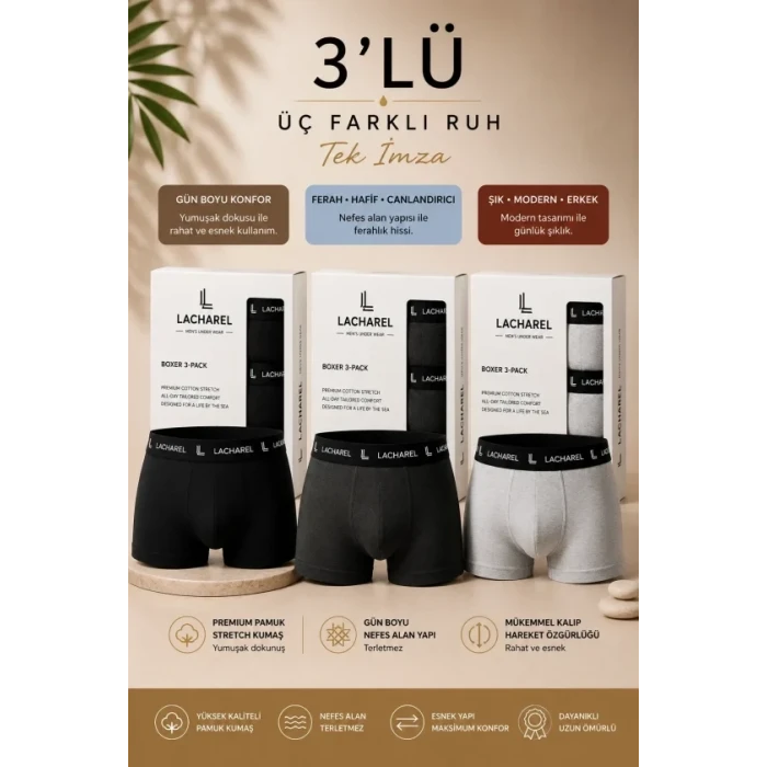 Erkek Likralı Pamuklu Nefes Alan Penye Boxer3lü Paket - Siyah - Füme - Gri