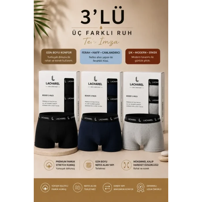 Erkek Likralı Pamuklu Nefes Alan Penye Boxer3lü Paket - Siyah - Gri - Lacivert