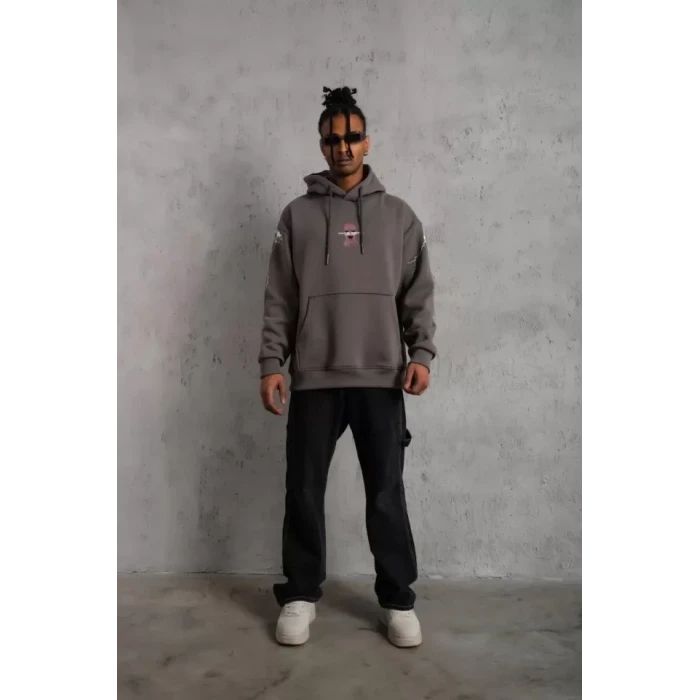 Erkek Maske Baskılı Kapüşonlu Sweat - Gri