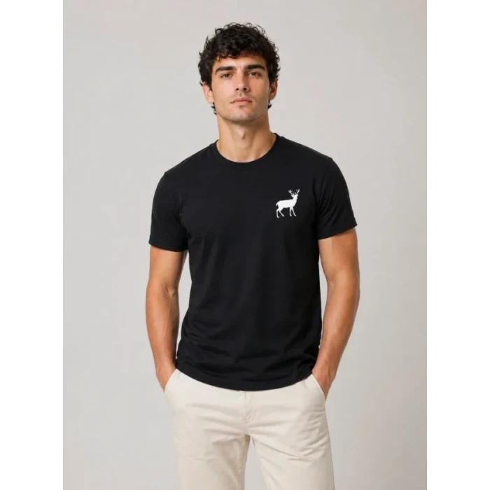 Erkek Minimal Geyik Logolu Tişört Bisiklet Yaka Kısa Kol Yazlık T-shirt - Siyah