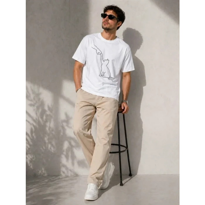 Erkek Minimal Kedi Çizim Baskılı Tişört Kısa Kol Yazlık T-shirt - Beyaz