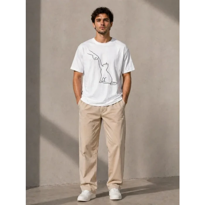 Erkek Minimal Kedi Çizim Baskılı Tişört Kısa Kol Yazlık T-shirt - Beyaz