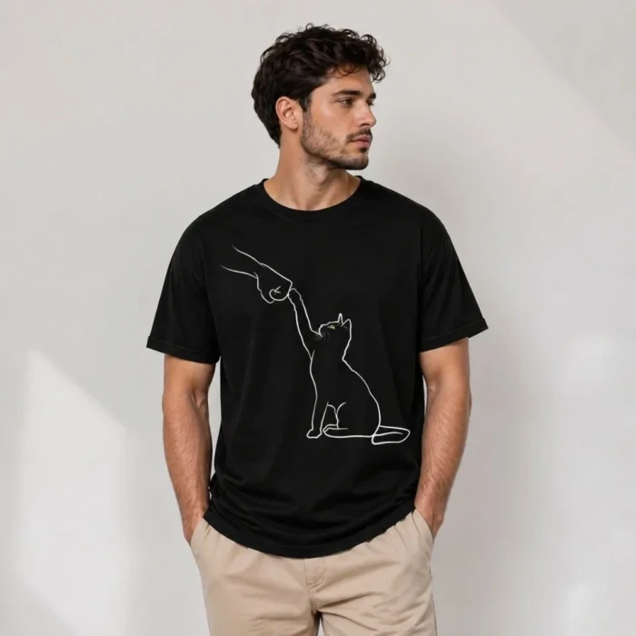 Erkek Minimal Kedi Çizim Baskılı Tişört Kısa Kol Yazlık T-shirt - Siyah