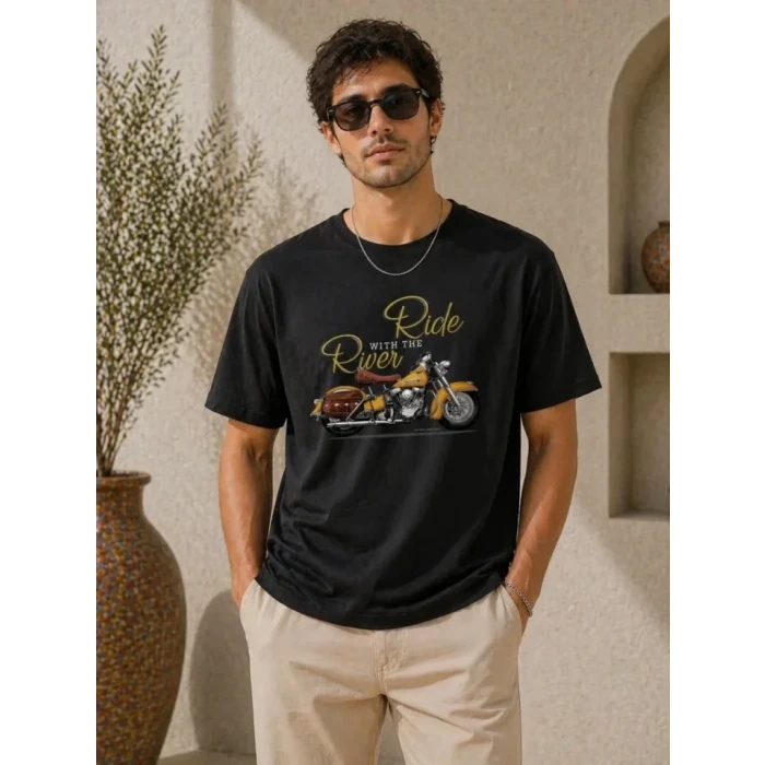 Erkek Motosiklet Baskılı Tişört Bisiklet Yaka Kısa Kol Yazlık T-shirt - Siyah