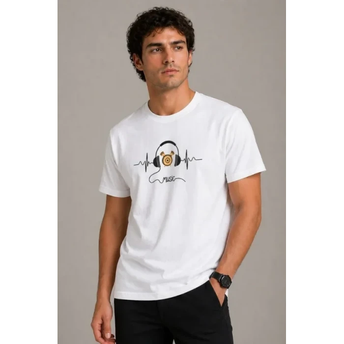 Erkek Müzik Temalı Baskılı Tişört Bisiklet Yaka Kısa Kol T-shirt - Beyaz