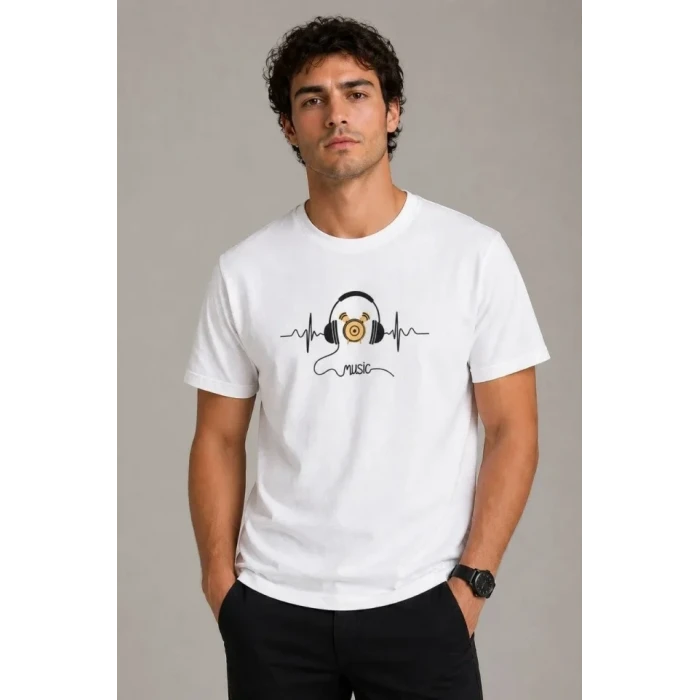 Erkek Müzik Temalı Baskılı Tişört Bisiklet Yaka Kısa Kol T-shirt - Beyaz