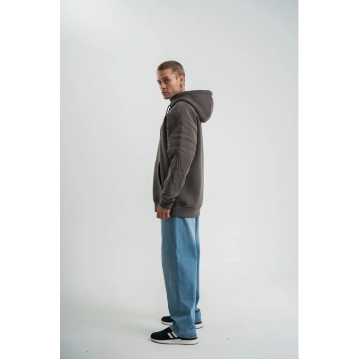 Erkek Nakış İşlemeli Kapşonlu Antrasit Sweatshirt Üç İplik Double Oversize- Füme