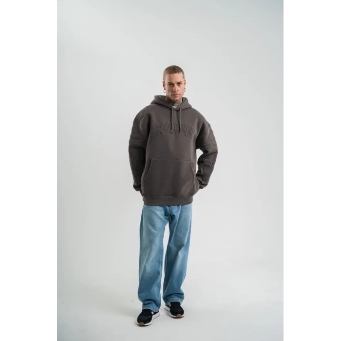 Erkek Nakış İşlemeli Kapşonlu Antrasit Sweatshirt Üç İplik Double Oversize- Füme
