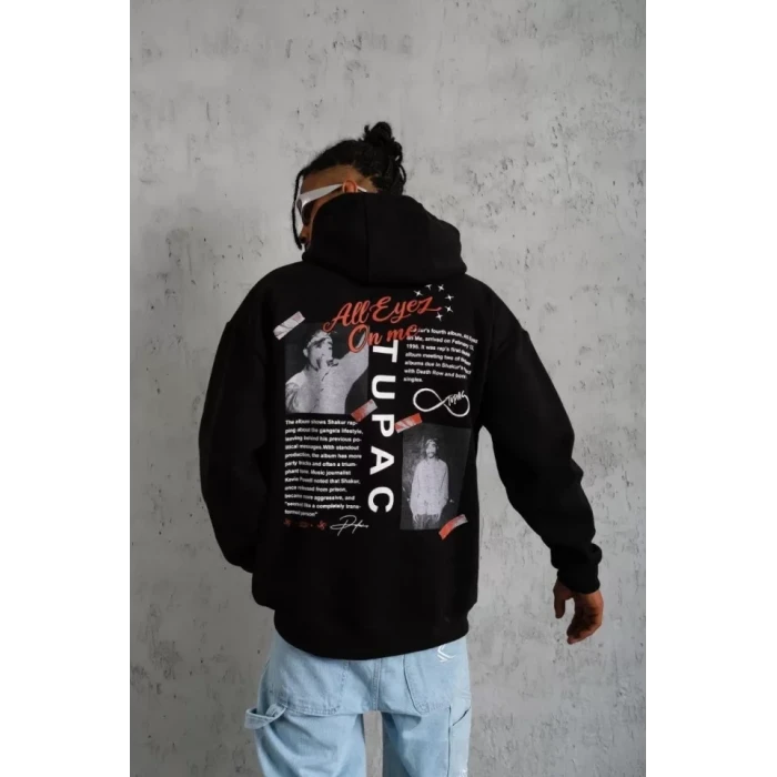 Erkek Ön Arka Baskılı Kapşonlu Sweat - Siyah