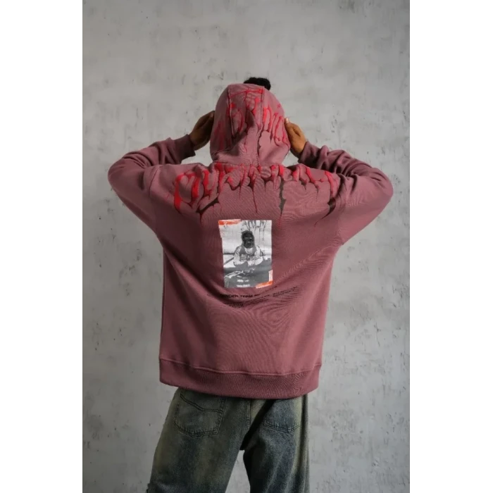 Erkek Ön Ve Arka Baskılı Kapüşonlu 3 İplik Sweatshirt - Gül Kurusu