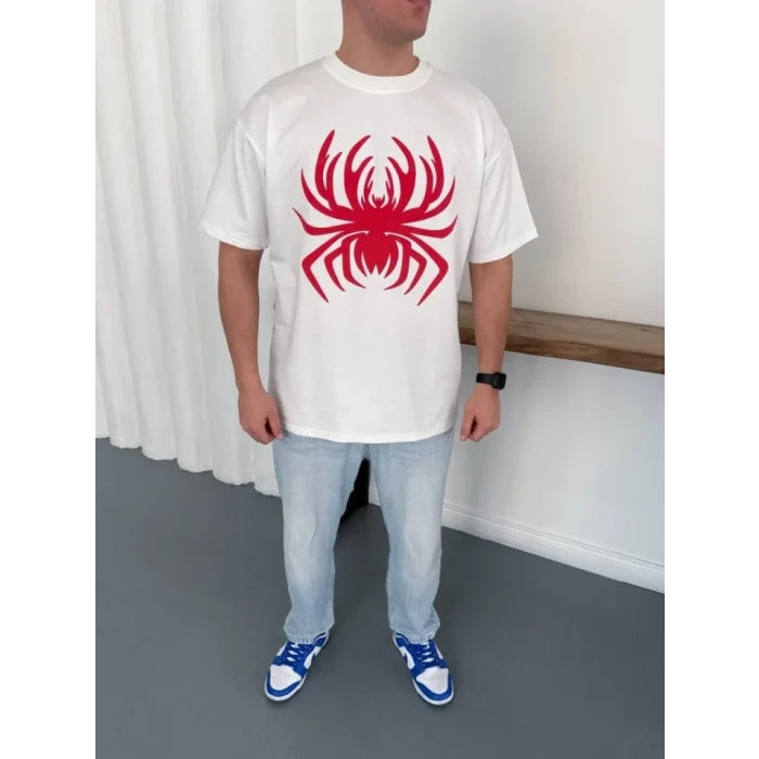 Erkek Örümcek Baskılı Tişört Kısa Kollu Bisiklet Yaka T-shirt - Beyaz