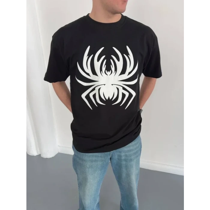 Erkek Örümcek Baskılı Tişört Kısa Kollu Bisiklet Yaka T-shirt - Siyah