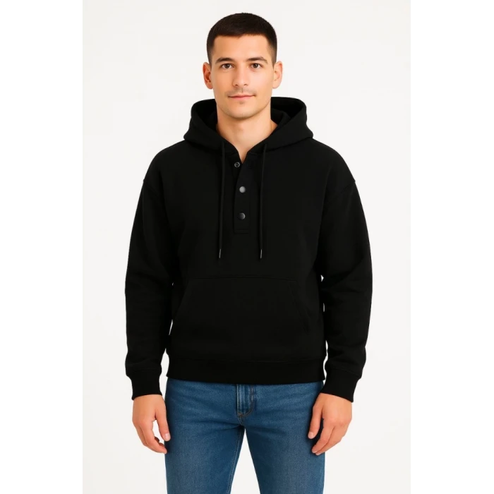 Erkek Ovarsize Kapüşonlu Swetshirt Kanguru Çepli Cıtcıtlı 3 Iplik Şardonlu Hoodie - Siyah