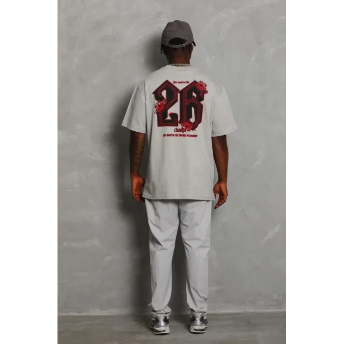 Erkek Oversize Baskılı Bisiklet Yaka T-shirt - Gri