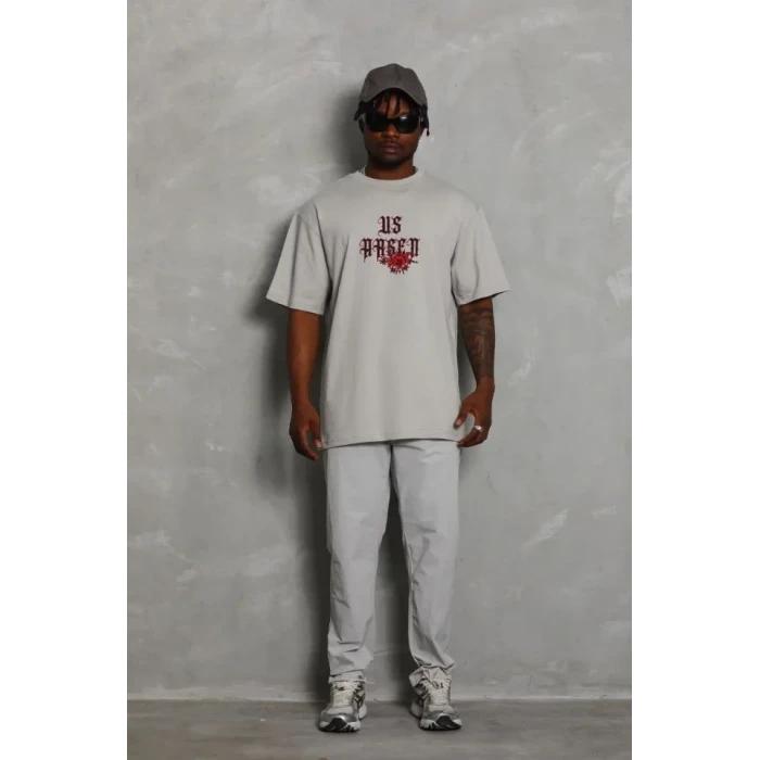 Erkek Oversize Baskılı Bisiklet Yaka T-shirt - Gri