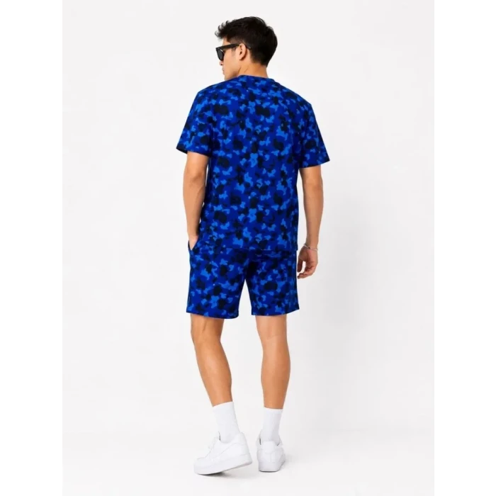 Erkek Oversize Kalıp Pubg Bape X Shark Nakışlı Cepli Şort Takım - Mavi