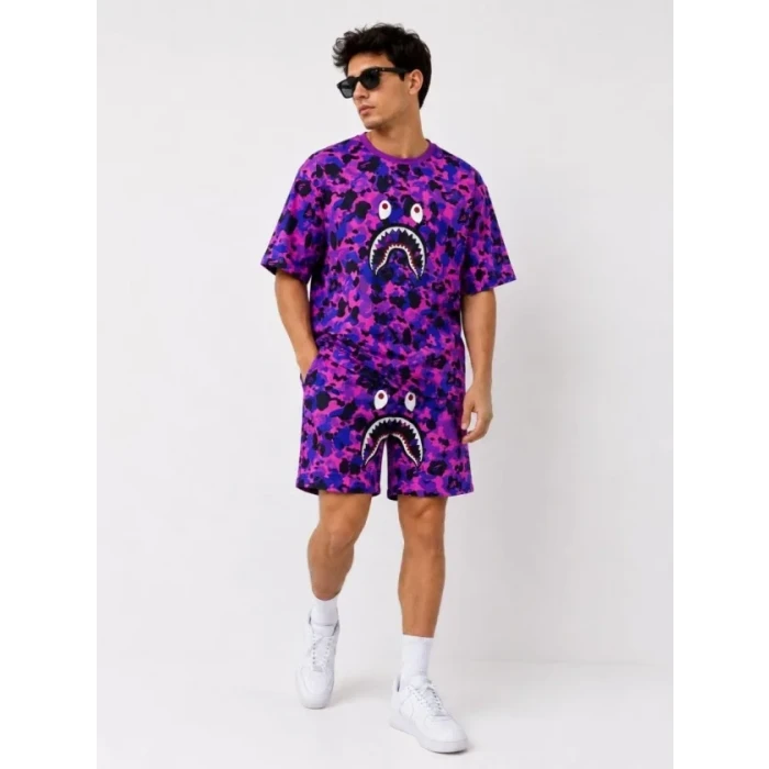 Erkek Oversize Kalıp Pubg Bape X Shark Nakışlı Cepli Şort Takım - Mor