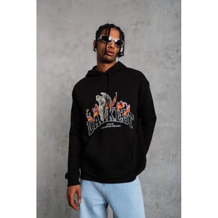 Erkek Oversize Kapüşonlu Sweatshirt – Siyah Renk Üç İplik İçi Pamuklu Kanguru Cepli Baskılı Hoodie Rahat Kalıp Kışlık Günlük Kombinlere Uygun - Siyah