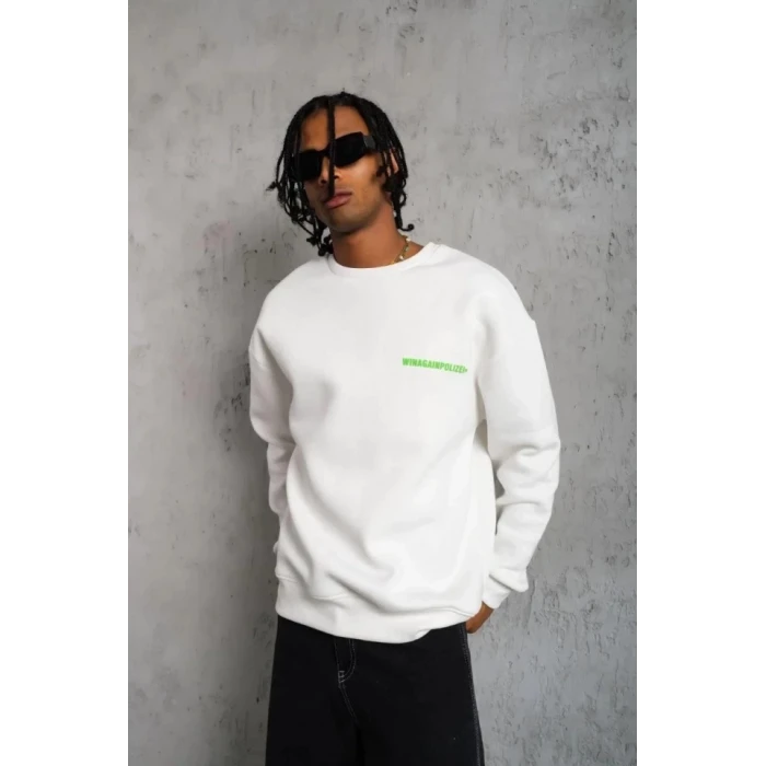 Erkek Oversize Sweatshirt – Beyaz Renk  Ön Ve Sırt Baskılı, Üç İplik İçi Pamuklu Kumaş, Rahat Kalıp, Ribanalı Kışlık Sweat  Winagain Polizei Serisi - Beyaz