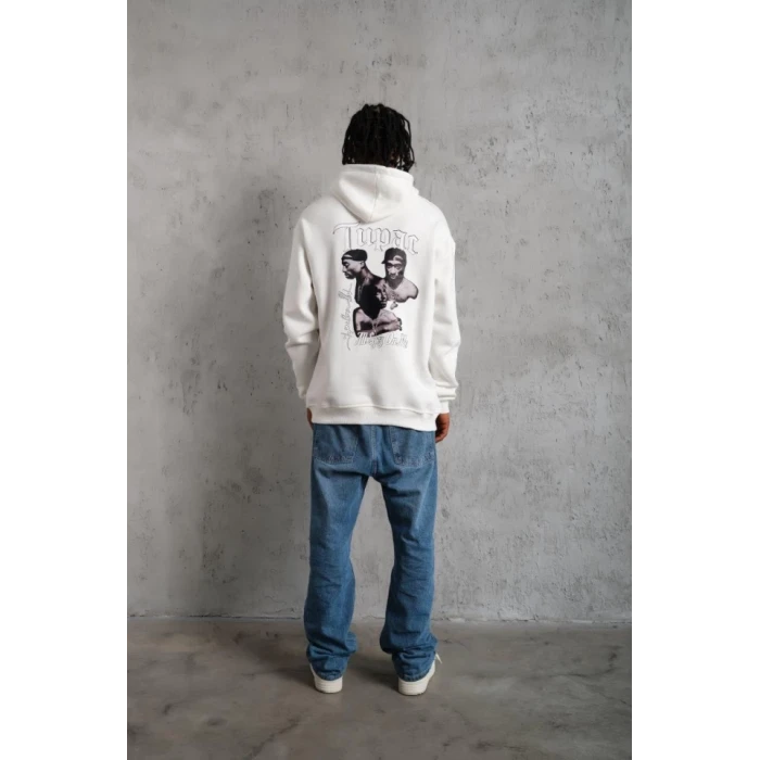 Erkek Oversize Üç İplik Kapüşonlu Sweat – Kol Ve Etek Ribana Detaylı, Ön Ve Sırt Baskılı, Kanguru Cepli Rahat Kalıp Model - Beyaz