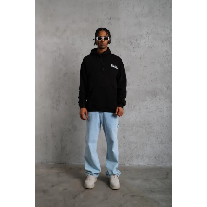 Erkek Oversize Üç İplik Kapüşonlu Sweat – Siyah Kol Ve Etek Ribana Detaylı, Ön Ve Sırt Baskılı, Kanguru Cepli Rahat Kalıp Model