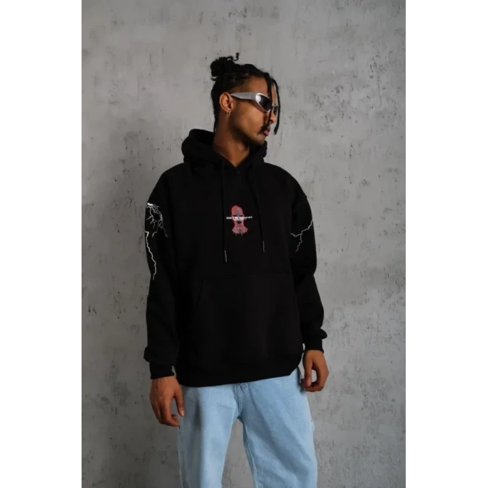 Erkek Oversize Üç İplik Kapüşonlu Sweatshirt – Siyah “don’t Be Terrified” Ön, Sırt Ve Kol Baskılı, Kanguru Cepli, Ribanalı Rahat Model- Siyah