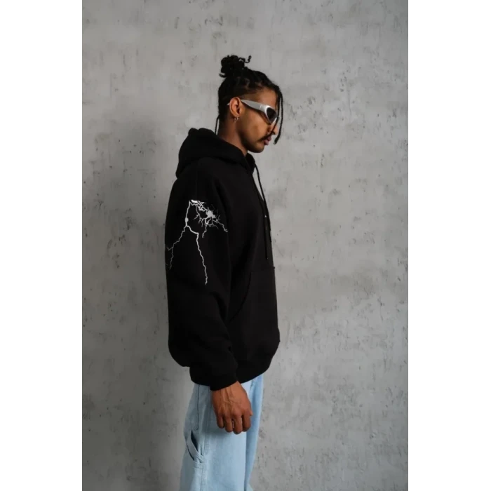 Erkek Oversize Üç İplik Kapüşonlu Sweatshirt – Siyah “don’t Be Terrified” Ön, Sırt Ve Kol Baskılı, Kanguru Cepli, Ribanalı Rahat Model- Siyah