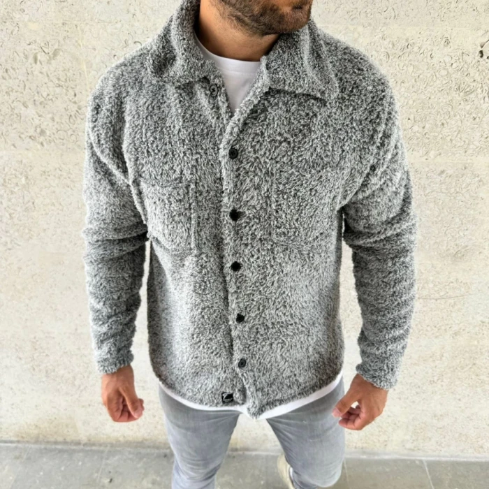 Erkek Pelüş Polar Hırka Gömlek – Yakalı, İlik Düğmeli, Göğüs Cepli, Yumuşak Dokulu Kışlık Regular Fit Rahat Günlük Model - Gri