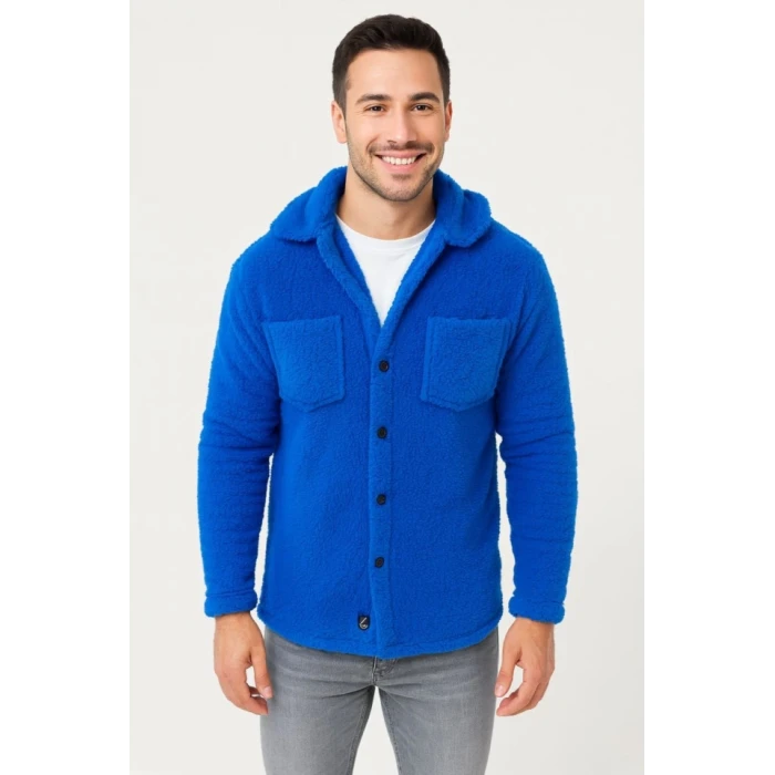 Erkek Pelüş Polar Hırka Gömlek – Yakalı, İlik Düğmeli, Göğüs Cepli, Yumuşak Dokulu Kışlık Regular Fit Rahat Günlük Model - Saks Mavisi