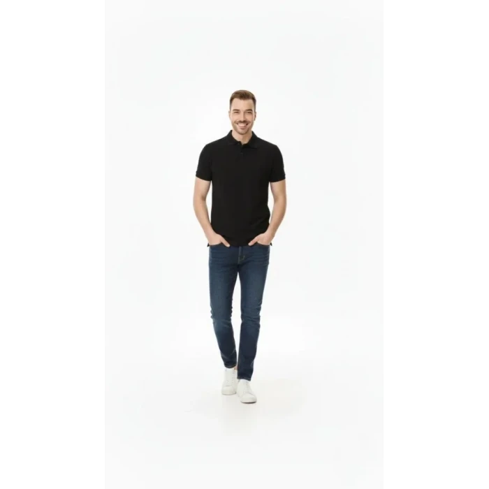 Erkek Pike Kumaş Düğmeli Yaka Regular Fit Günlük Kısa Kol Tişört T-shirt - Siyah