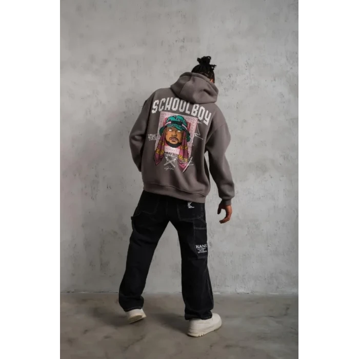 Erkek School Boy Baskılı Kapüşonlu Sweat - Gri