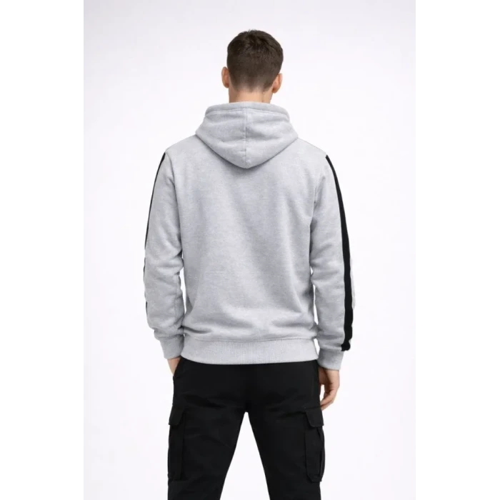 Erkek Şeritli Kapüşonlu Sweatshirt Oversize 3 Iplik Pamuklu - Beyaz
