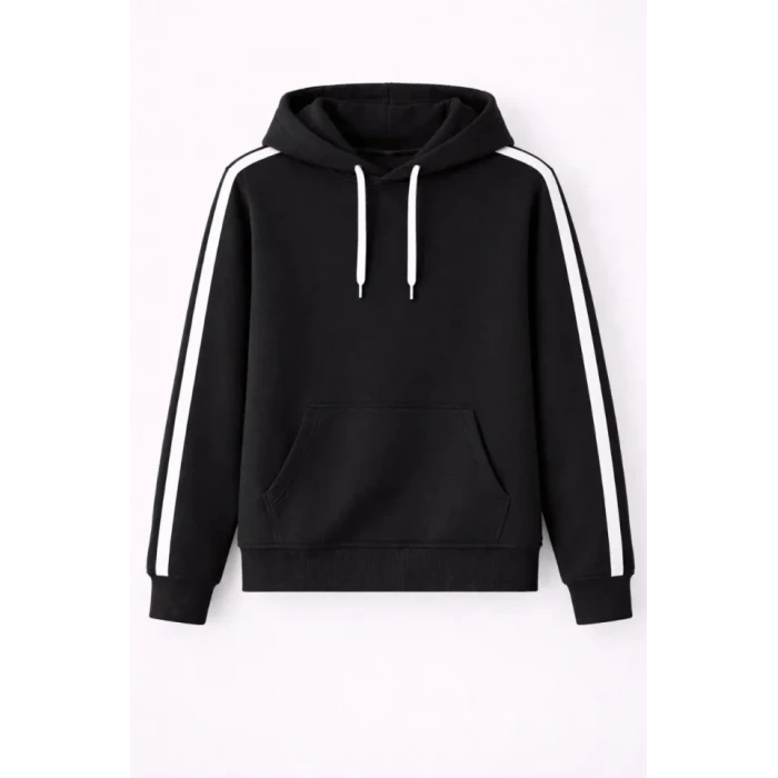 Erkek Şeritli Kapüşonlu Sweatshirt Oversize 3 Iplik Pamuklu - Siyah