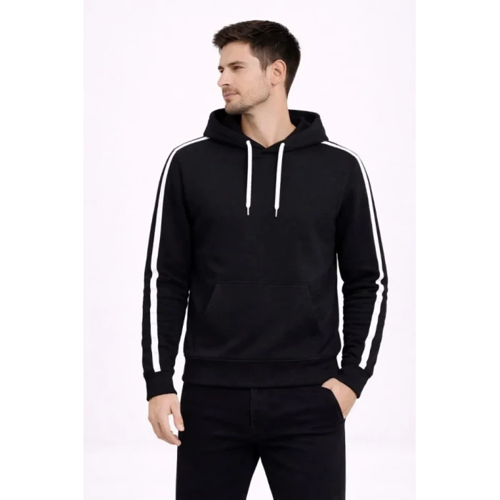Erkek Şeritli Kapüşonlu Sweatshirt Oversize 3 Iplik Pamuklu - Siyah