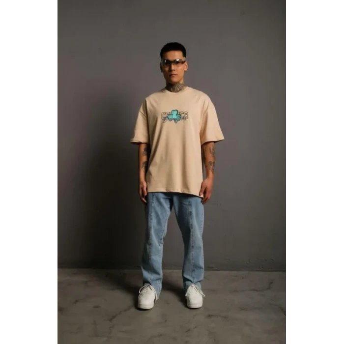 Erkek Sırt Baskılı t-shirt - Bej