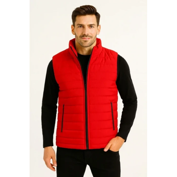 Erkek Şişme Fermuarlı Yelek Su Itici Kapitone Astarlı Kumaş Cepli Hafif Kışlık Spor Rahat Kalıp - Kırmızı