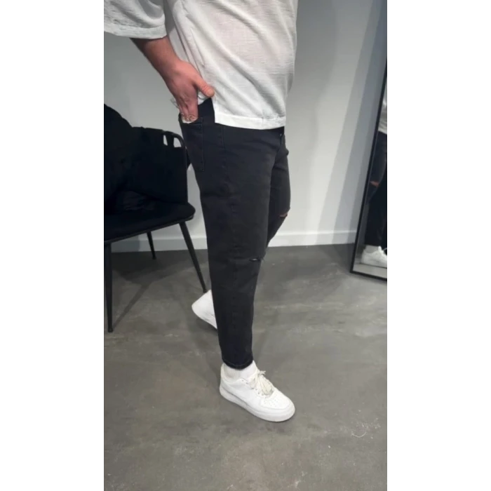 Erkek Siyah Dizi Yırtık Boyfriend Jean