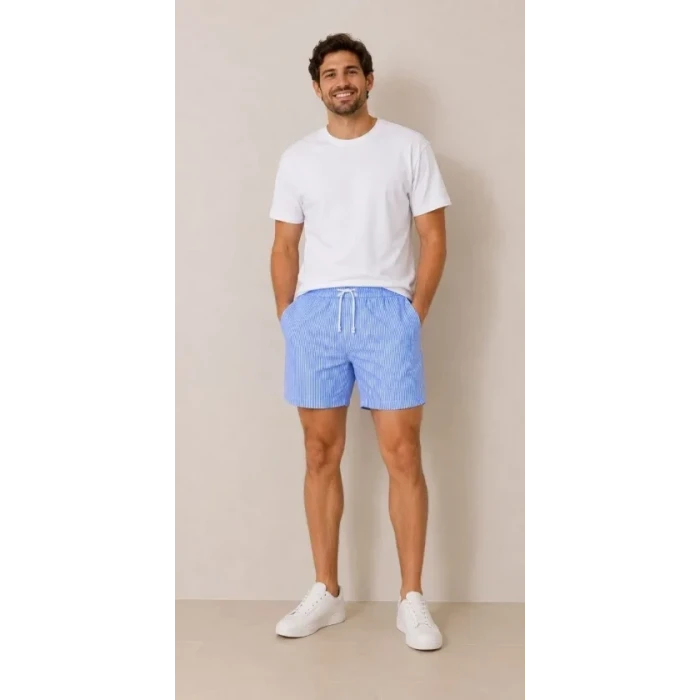 Erkek Su Yolu Çizgili Şort Ön Arka Cepli Lastikli Bel Regular Fit Yazlık Şort - Mavi
