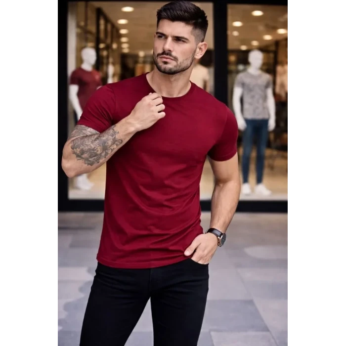 Erkek T-shirt Bisiklet Yaka Slim Fit Dar Kesim Likralı Tişört Günlük Basic Body - Bordo