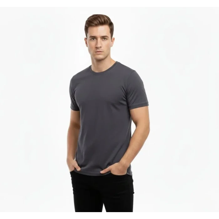 Erkek T-shirt Bisiklet Yaka Slim Fit Dar Kesim Likralı Tişört Günlük Basic Body - Füme