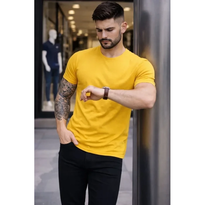 Erkek T-shirt Bisiklet Yaka Slim Fit Dar Kesim Likralı Tişört Günlük Basic Body - Sarı