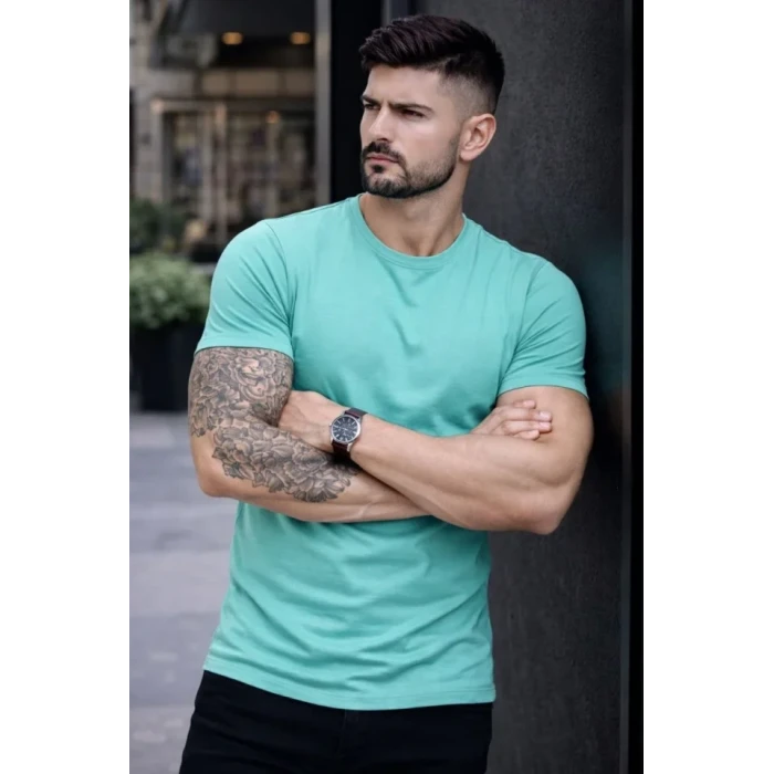 Erkek T-shirt Bisiklet Yaka Slim Fit Dar Kesim Likralı Tişört Günlük Basic Body - Turkuvaz