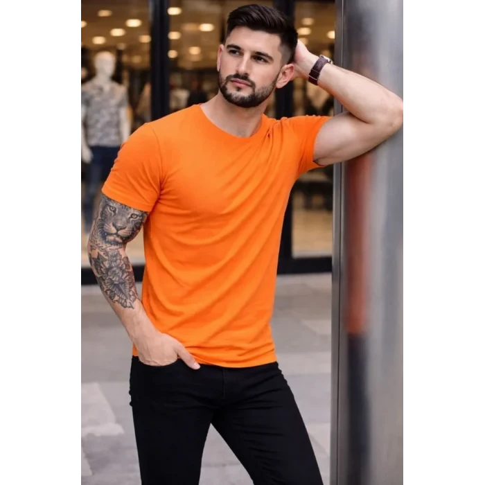 Erkek T-shirt Bisiklet Yaka Slim Fit Dar Kesim Likralı Tişört Günlük Basic Body - Turuncu