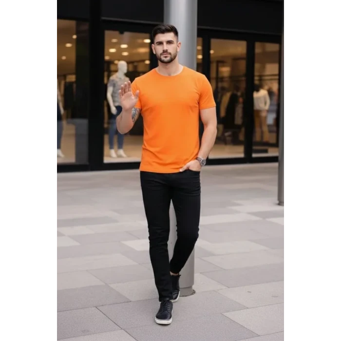 Erkek T-shirt Bisiklet Yaka Slim Fit Dar Kesim Likralı Tişört Günlük Basic Body - Turuncu